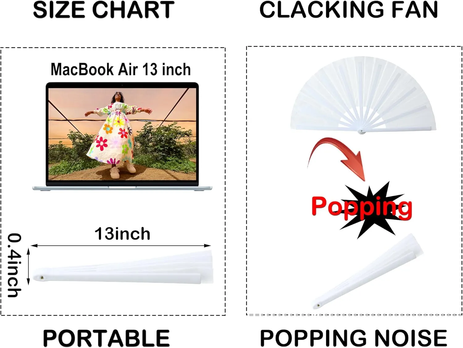 13inch Large Rave Fan Popping Fan Clacking Fans for Line Dancing,Hand Fans for Women Foldable,Boots on The Ground Fan,Portable for Outdoor,Wedding,Party,Decoration(White, 1 Pack)