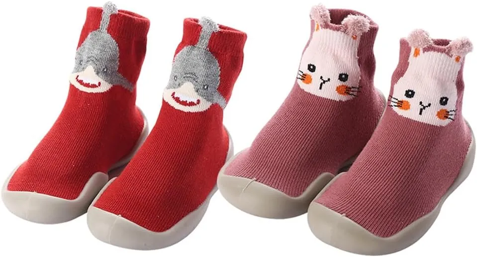 2 Pairs Baby Sock Shoes Toddler Infant Non Slip Soft Rubber Sole Slippers First Walking Shoes for Baby Boys Girls