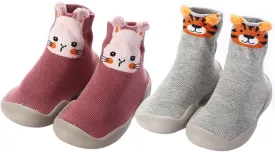 2 Pairs Baby Sock Shoes Toddler Infant Non Slip Soft Rubber Sole Slippers First Walking Shoes for Baby Boys Girls