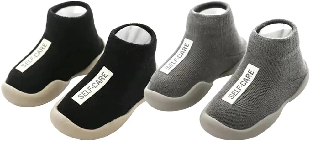 2 Pairs Baby Sock Shoes Toddler Infant Non Slip Soft Rubber Sole Slippers First Walking Shoes for Baby Boys Girls