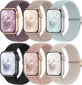 6 Pack Braided Stretchy Bands Compatible with Apple Watch Band 38mm 40mm 41mm 42mm 44mm 45mm 46mm 49mm Women Men, Adjustable Nylon Solo Loop Elastic Straps for iWatch Series 10 9 8 7 6 5 4 3 SE Ultra