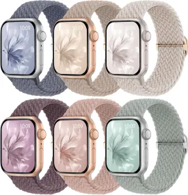 6 Pack Braided Stretchy Bands Compatible with Apple Watch Band 38mm 40mm 41mm 42mm 44mm 45mm 46mm 49mm Women Men, Adjustable Nylon Solo Loop Elastic Straps for iWatch Series 10 9 8 7 6 5 4 3 SE Ultra