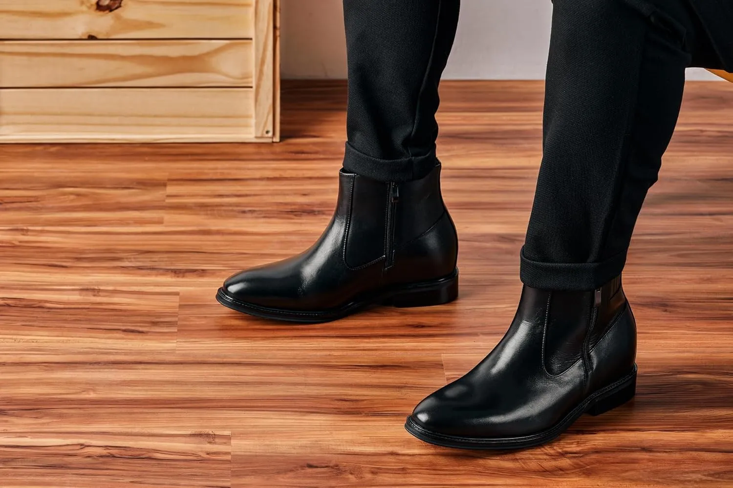 CALTO Men's Invisible Height Increasing Elevator Shoes - Black Premium Leather Lightweight Zipper Boots - 2.8 Inches Taller - Y70621 - Size 11.5 D(M) US