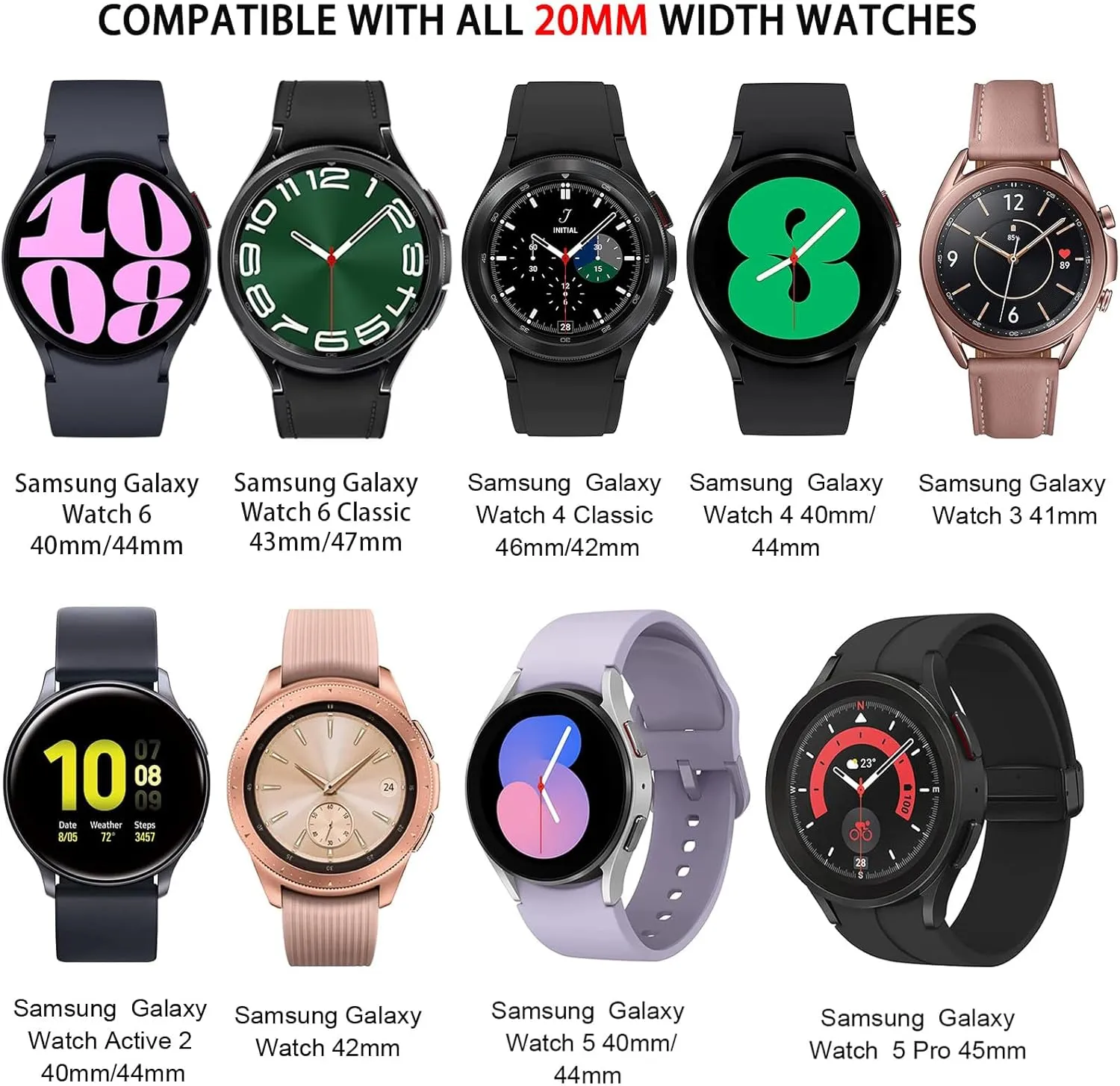 Charlam 6 Pack Bands Compatible with Galaxy Watch 7 6 5 4 Band 40mm 44mm/Samsung Watch 5 Pro 45mm/Active 2 Band/Watch 3 41mm/Galaxy Watch 6 4 Classic,20mm Stretchy Sport Solo Loop Breathable Wristband