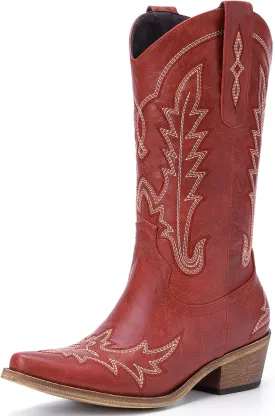 Cowboy Boots for Women - Cowgirl Boots with Embroidery, Chunky Heel Pointed Toe Pull-on Vintage Western Mid Calf Fashion Boots for Ladies
