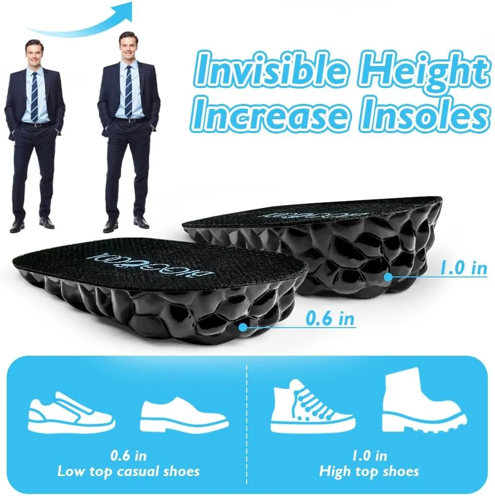 Height Increase Insoles for Men Women, Heel Lift Inserts for Leg Length Discrepancy, Invisible Height Boosters for Shock Absorption (Black, Large-0.6'' Height)
