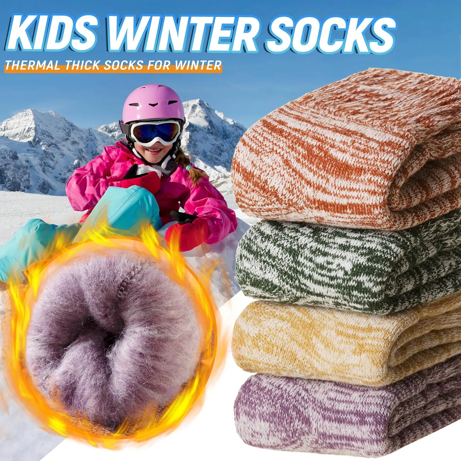 Kids Heated Hiking Socks Winter Children Thick Soft Warm Thermal Snowboarding Boy Girls Insulated Socks 4 Pairs