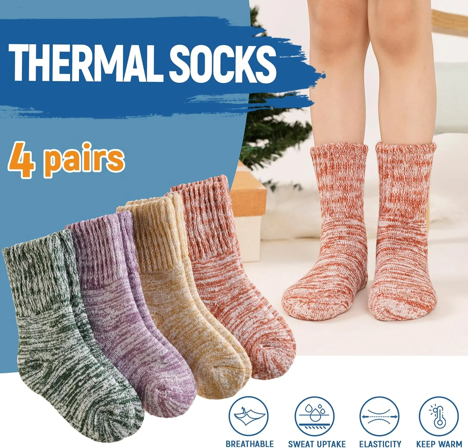 Kids Heated Hiking Socks Winter Children Thick Soft Warm Thermal Snowboarding Boy Girls Insulated Socks 4 Pairs