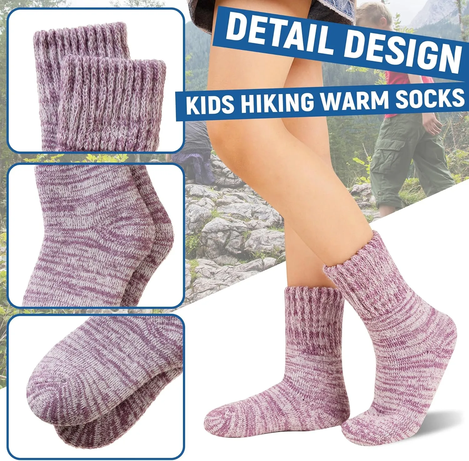 Kids Heated Hiking Socks Winter Children Thick Soft Warm Thermal Snowboarding Boy Girls Insulated Socks 4 Pairs