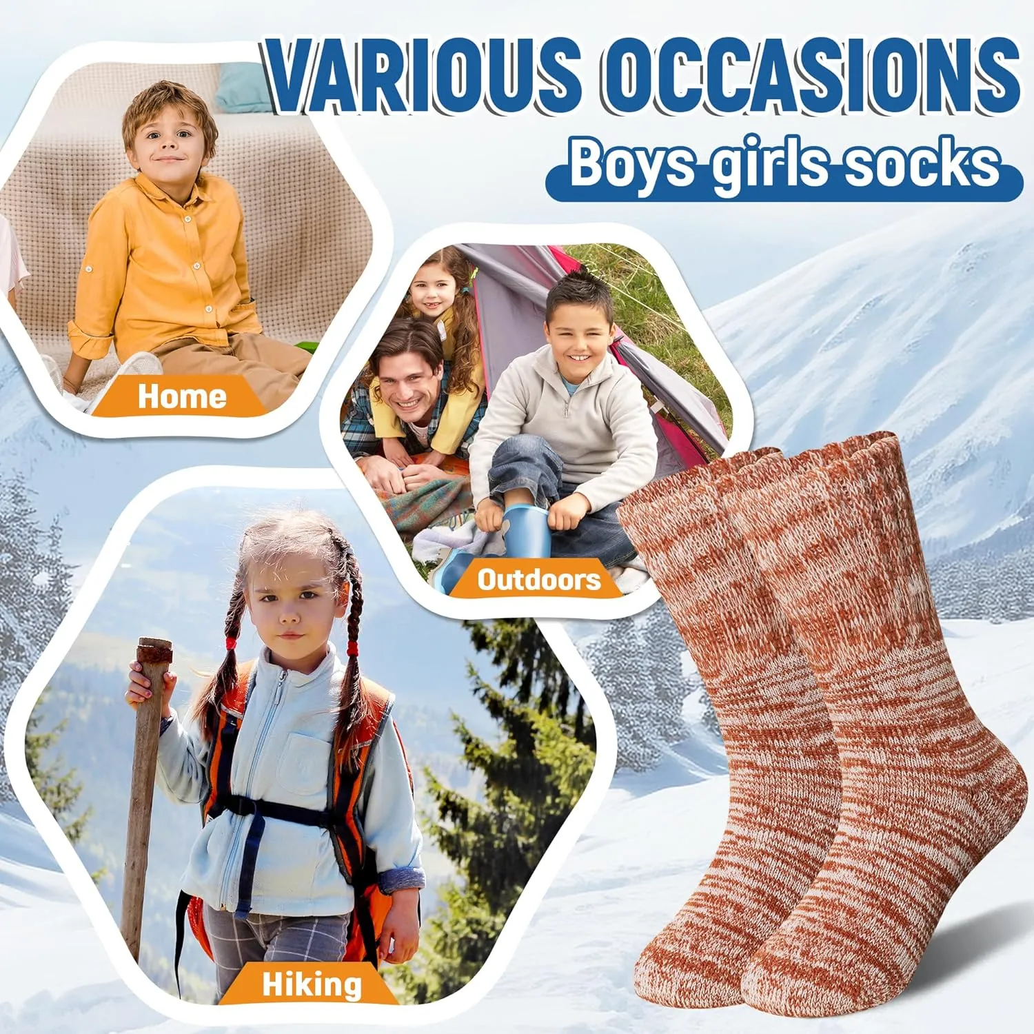 Kids Heated Hiking Socks Winter Children Thick Soft Warm Thermal Snowboarding Boy Girls Insulated Socks 4 Pairs