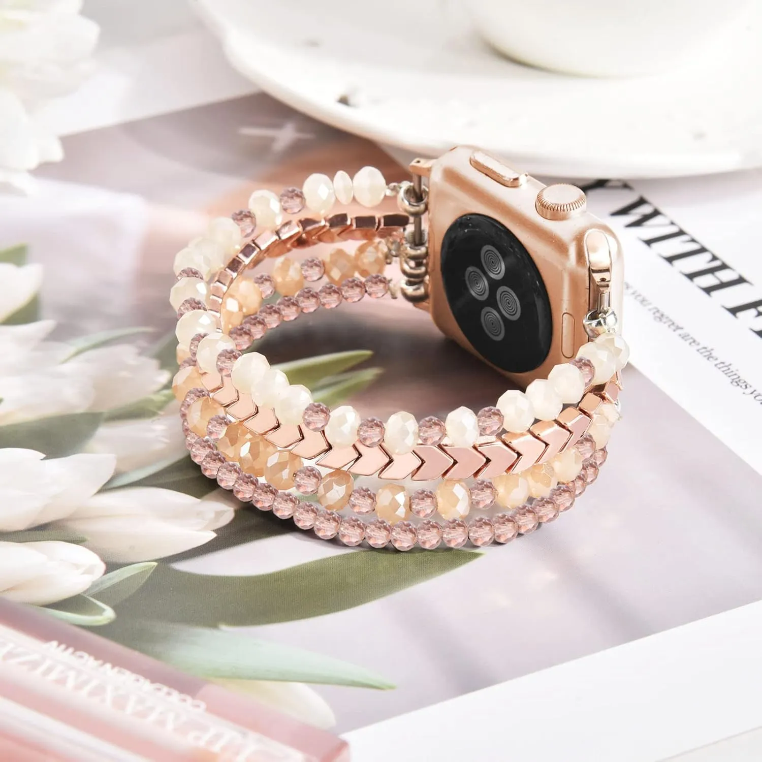 MOFREE Beaded Bracelet Compatible with Apple Watch Band 38mm/40mm/41mm/42mmSeries 10 9/8/7/SE/6/5/4/3/2/1 Women Fashion Handmade Elastic Stretch Strap for iWatch Bands Replacement Rose Gold