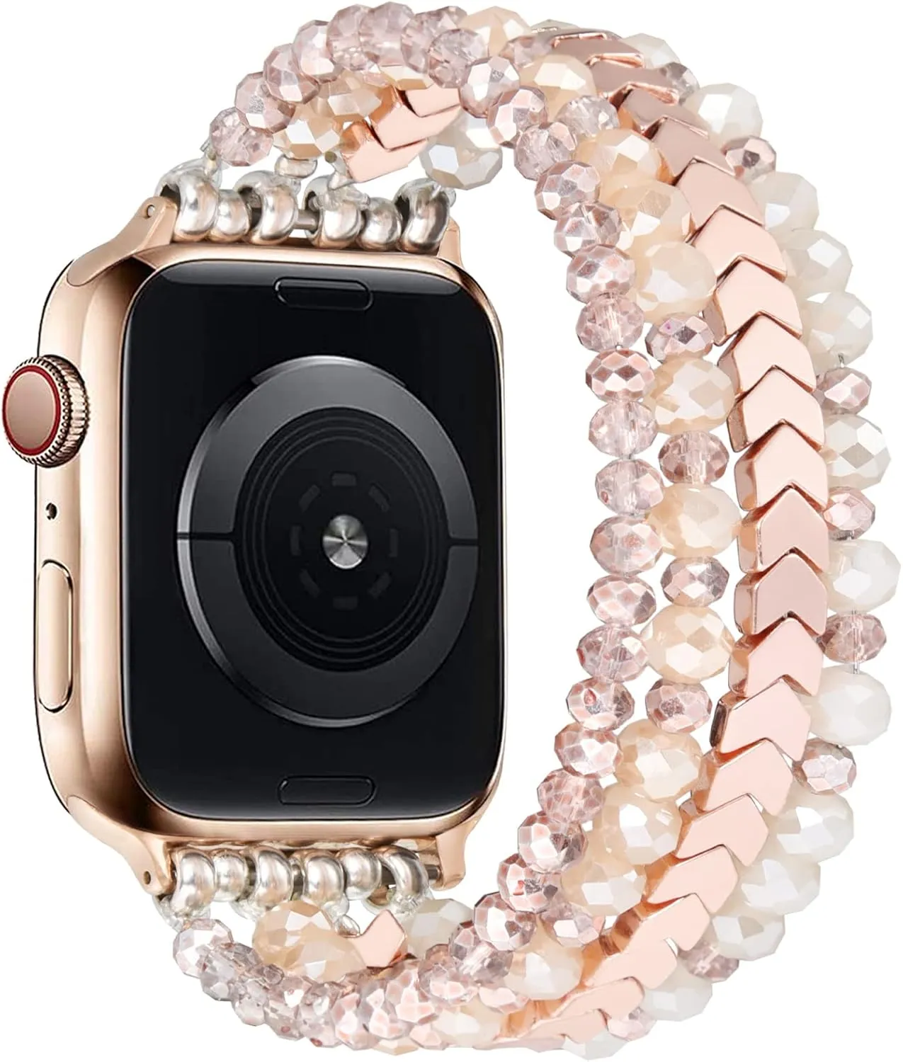 MOFREE Beaded Bracelet Compatible with Apple Watch Band 38mm/40mm/41mm/42mmSeries 10 9/8/7/SE/6/5/4/3/2/1 Women Fashion Handmade Elastic Stretch Strap for iWatch Bands Replacement Rose Gold