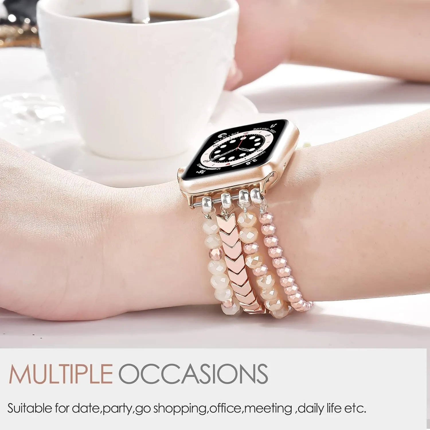MOFREE Beaded Bracelet Compatible with Apple Watch Band 38mm/40mm/41mm/42mmSeries 10 9/8/7/SE/6/5/4/3/2/1 Women Fashion Handmade Elastic Stretch Strap for iWatch Bands Replacement Rose Gold