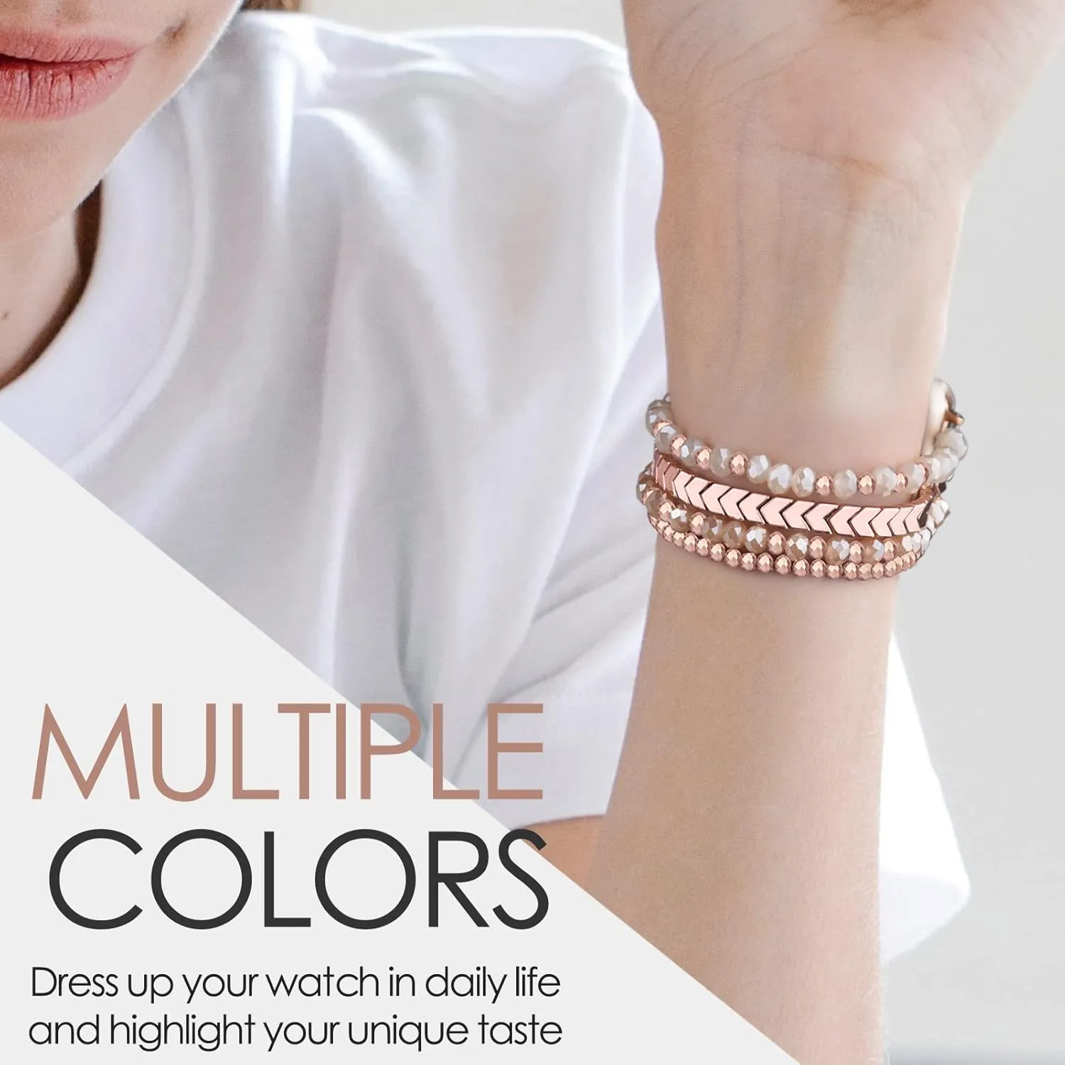 MOFREE Beaded Bracelet Compatible with Apple Watch Band 38mm/40mm/41mm/42mmSeries 10 9/8/7/SE/6/5/4/3/2/1 Women Fashion Handmade Elastic Stretch Strap for iWatch Bands Replacement Rose Gold