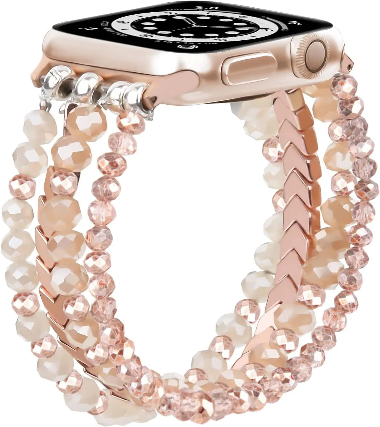 MOFREE Beaded Bracelet Compatible with Apple Watch Band 38mm/40mm/41mm/42mmSeries 10 9/8/7/SE/6/5/4/3/2/1 Women Fashion Handmade Elastic Stretch Strap for iWatch Bands Replacement Rose Gold
