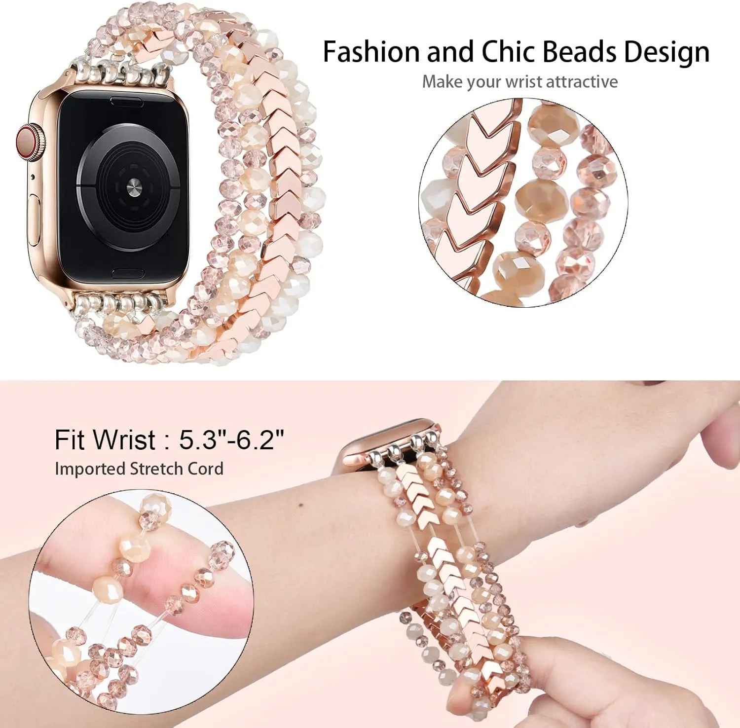 MOFREE Beaded Bracelet Compatible with Apple Watch Band 38mm/40mm/41mm/42mmSeries 10 9/8/7/SE/6/5/4/3/2/1 Women Fashion Handmade Elastic Stretch Strap for iWatch Bands Replacement Rose Gold