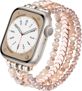 MOFREE Beaded Bracelet Compatible with Apple Watch Band 38mm/40mm/41mm/42mmSeries 10 9/8/7/SE/6/5/4/3/2/1 Women Fashion Handmade Elastic Stretch Strap for iWatch Bands Replacement Rose Gold