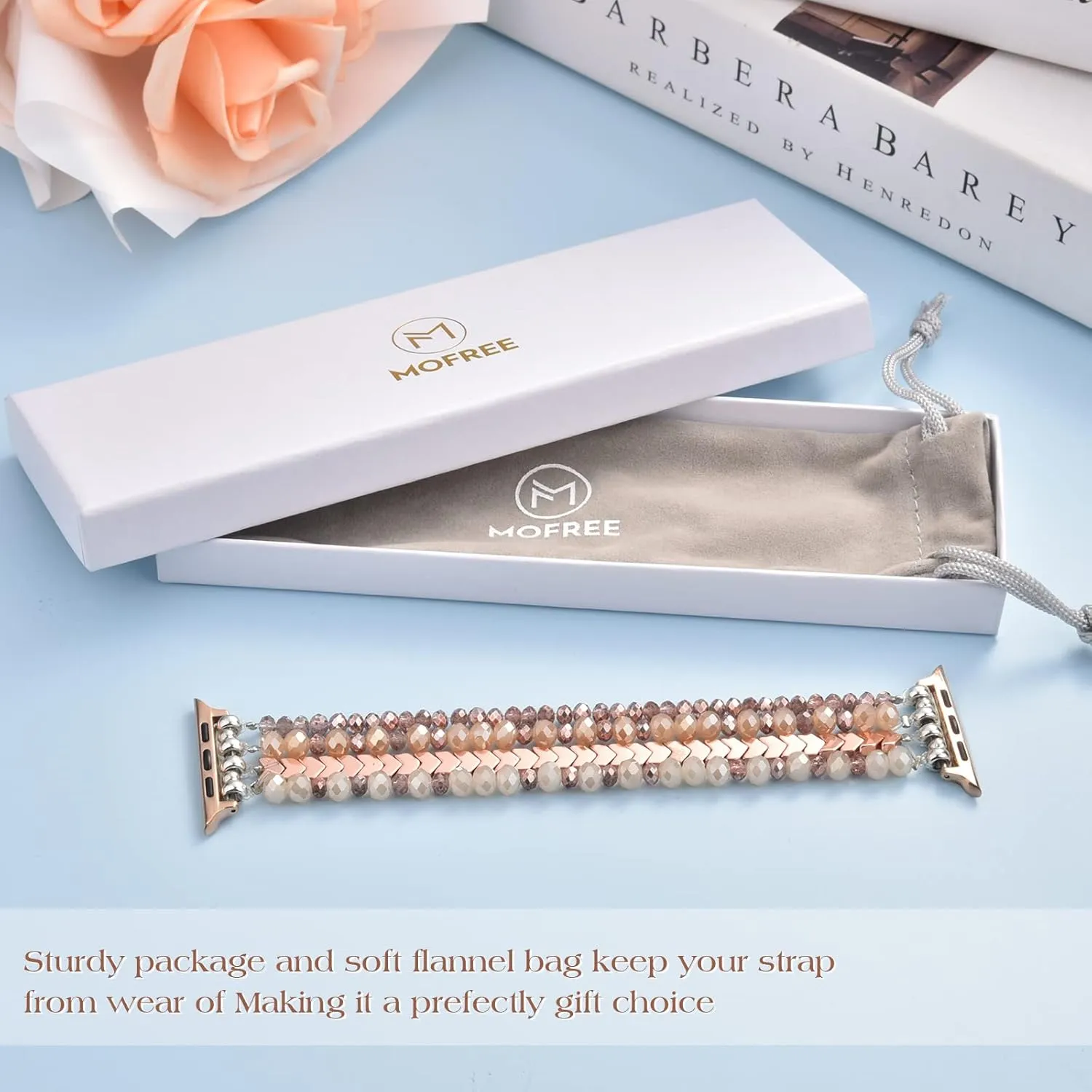 MOFREE Beaded Bracelet Compatible with Apple Watch Band 38mm/40mm/41mm/42mmSeries 10 9/8/7/SE/6/5/4/3/2/1 Women Fashion Handmade Elastic Stretch Strap for iWatch Bands Replacement Rose Gold