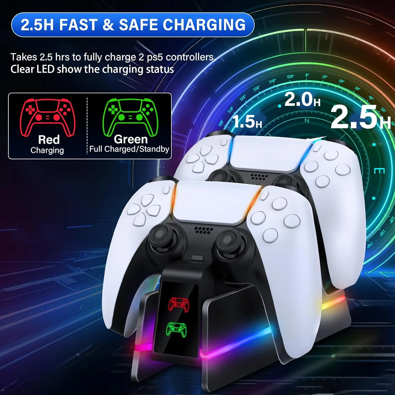 PS5-Controller-Charger-Station - Charging Station for PlayStation 5 Dualsense/Edge Controller with 9 Color RGB Led Light, Fast Charging Dock & Holder Stand for PS5/Slim/Pro Remote - Whole Black