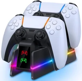 PS5-Controller-Charger-Station - Charging Station for PlayStation 5 Dualsense/Edge Controller with 9 Color RGB Led Light, Fast Charging Dock & Holder Stand for PS5/Slim/Pro Remote - Whole Black