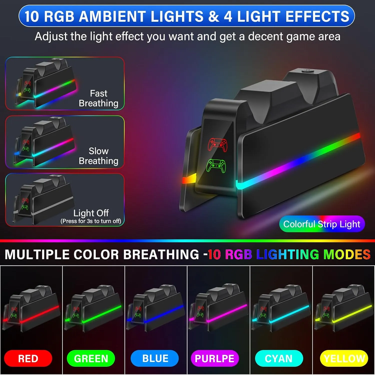 PS5-Controller-Charger-Station - Charging Station for PlayStation 5 Dualsense/Edge Controller with 9 Color RGB Led Light, Fast Charging Dock & Holder Stand for PS5/Slim/Pro Remote - Whole Black