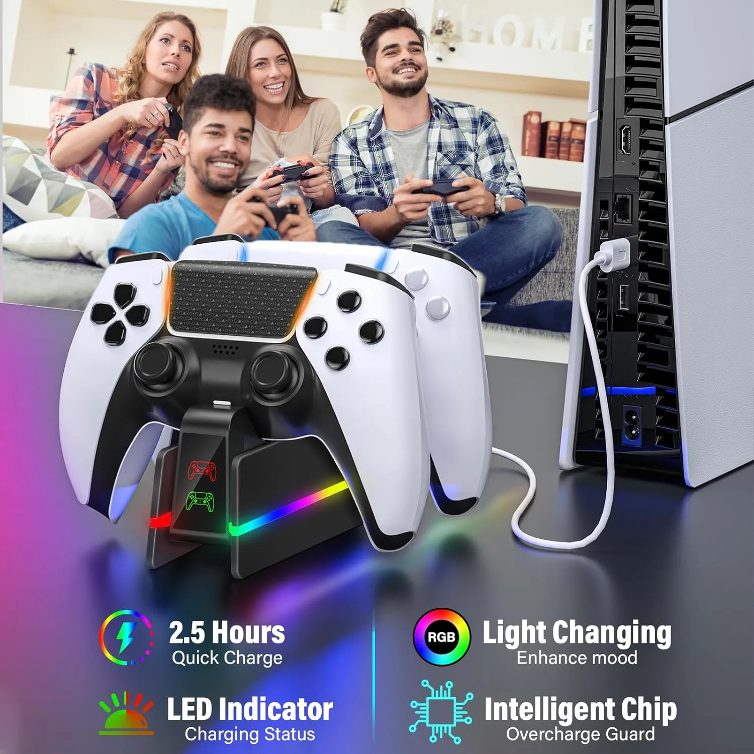PS5-Controller-Charger-Station - Charging Station for PlayStation 5 Dualsense/Edge Controller with 9 Color RGB Led Light, Fast Charging Dock & Holder Stand for PS5/Slim/Pro Remote - Whole Black