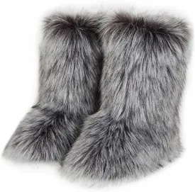 QMFUR Women's Furry Faux Fur Boots Fuzzy Fluffy Mid Calf Snow Boots Suede Warm Fur Lined Booties Flat Fashion Boots