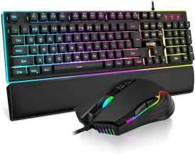 RedThunder K10 Wired Gaming Keyboard and Mouse and Wrist Rest Combo, RGB Backlit, Mechanical Feel Anti-ghosting Keyboard   7D 7200 DPI Mice Soft Leather Wrist Rest 3 in 1 PC Gamer Accessories(Black)