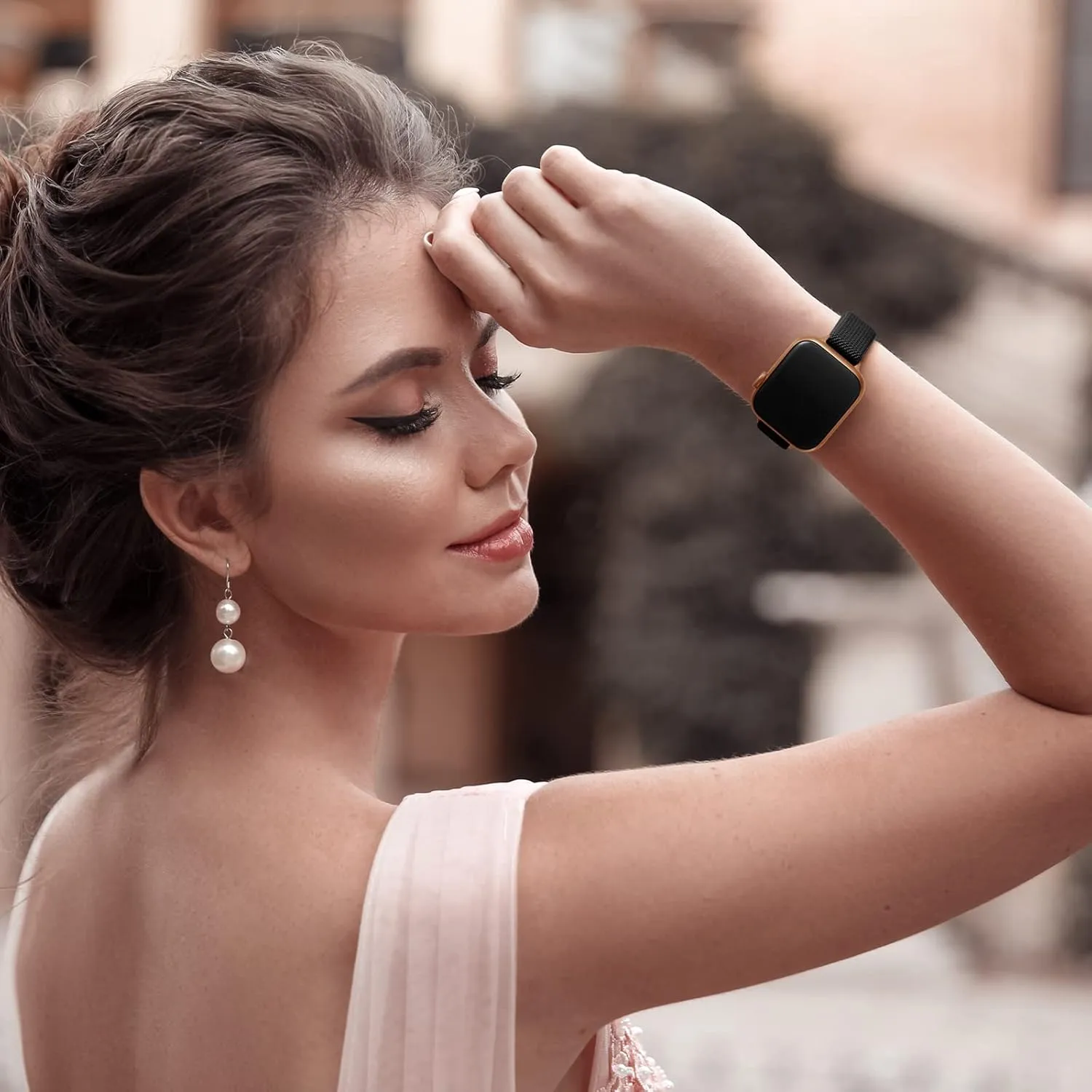 SICCIDEN Slim Stretchy Bands Compatible with Apple Watch Band 42mm 41mm 40mm 38mm, Women Elastics Nylon Thin Strap for iWatch SE2 SE Series 10 9 8 7 6 5 4 3 2 1 (Black/Rose Gold)