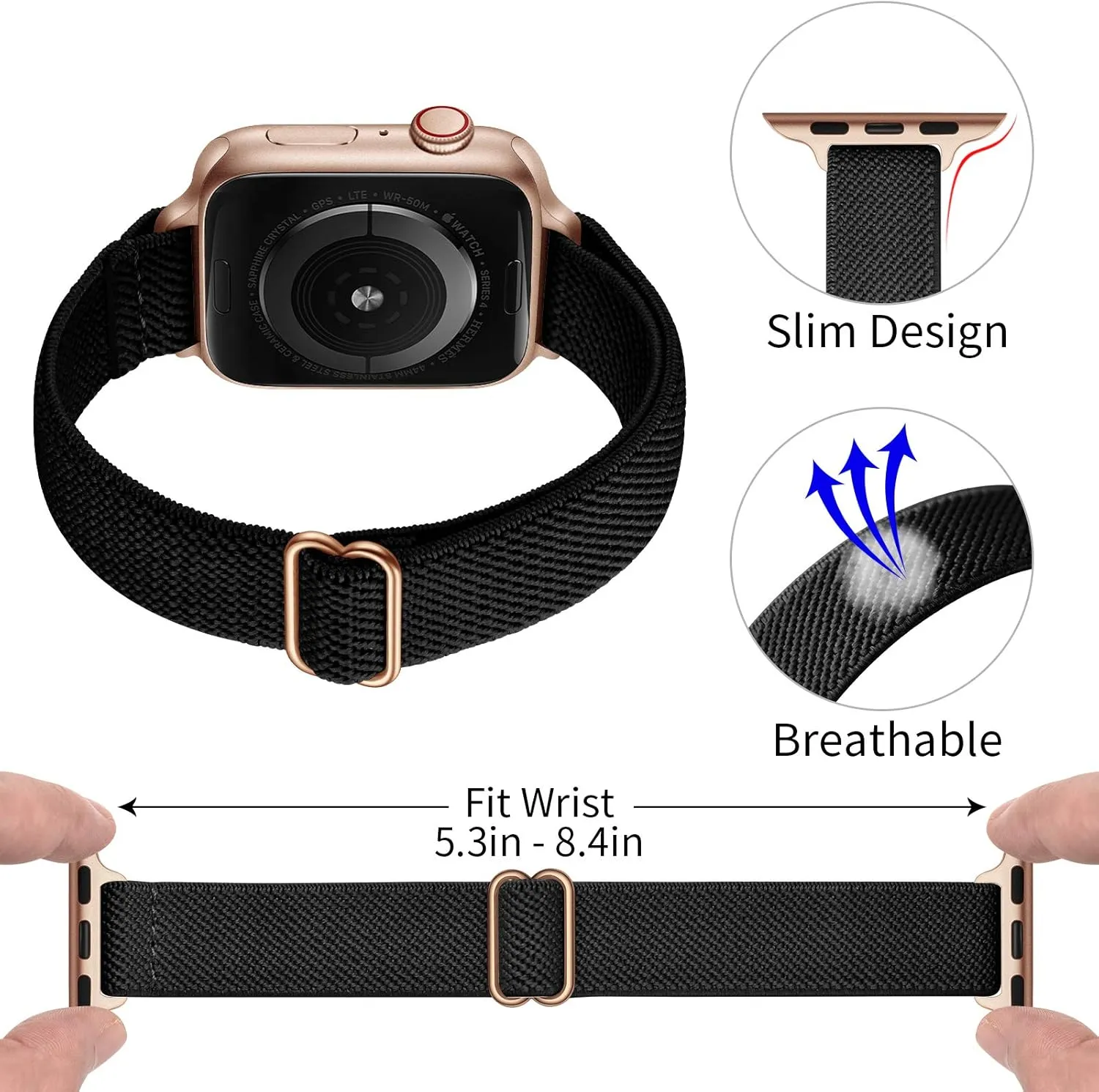 SICCIDEN Slim Stretchy Bands Compatible with Apple Watch Band 42mm 41mm 40mm 38mm, Women Elastics Nylon Thin Strap for iWatch SE2 SE Series 10 9 8 7 6 5 4 3 2 1 (Black/Rose Gold)