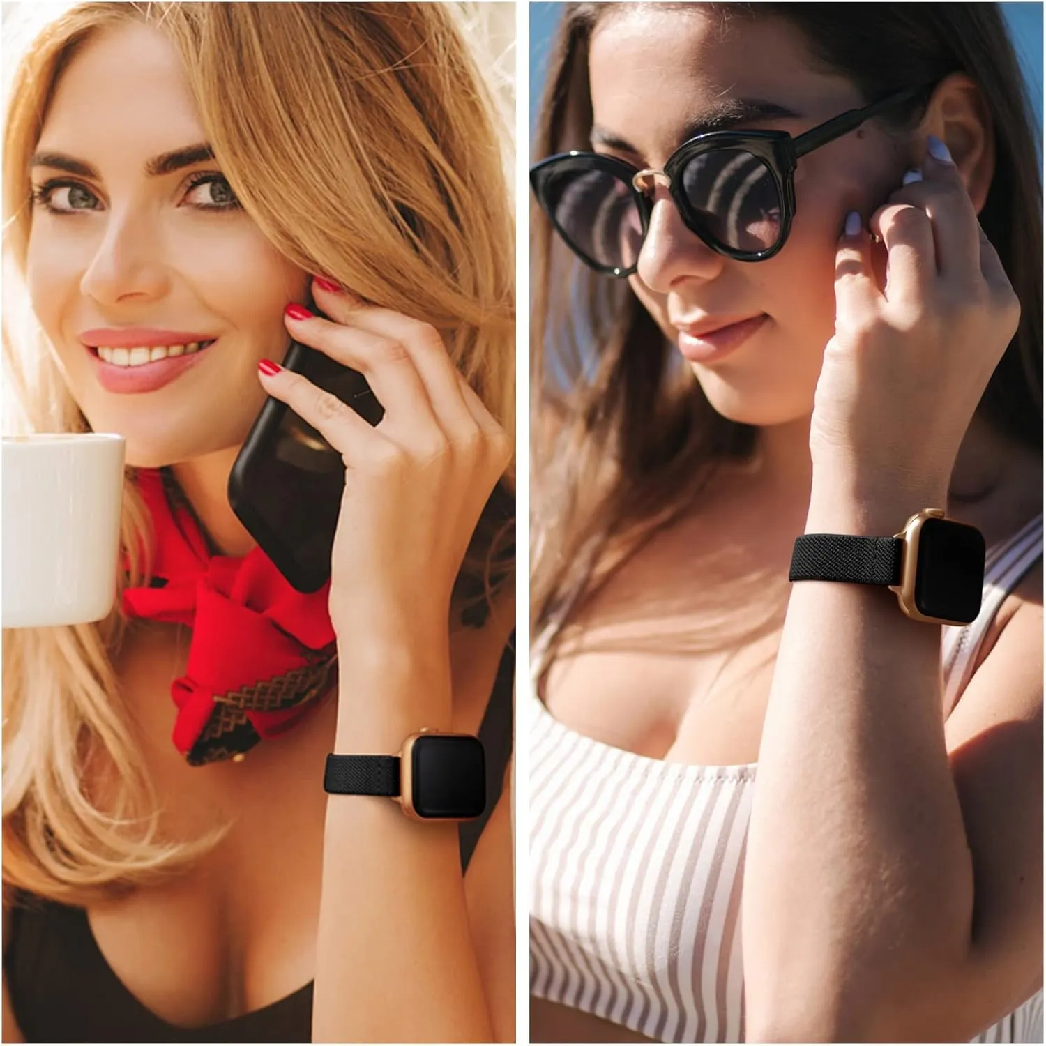 SICCIDEN Slim Stretchy Bands Compatible with Apple Watch Band 42mm 41mm 40mm 38mm, Women Elastics Nylon Thin Strap for iWatch SE2 SE Series 10 9 8 7 6 5 4 3 2 1 (Black/Rose Gold)