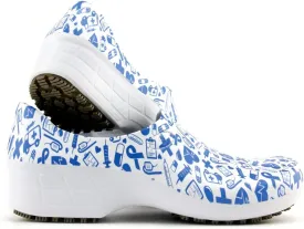 Sticky Printed Colorful Nursing Shoes - Professional Shoes for Women - Nurses Vets CNA LPN RN - Waterproof Non Slip - Comfortable Cleanable Clogs - White