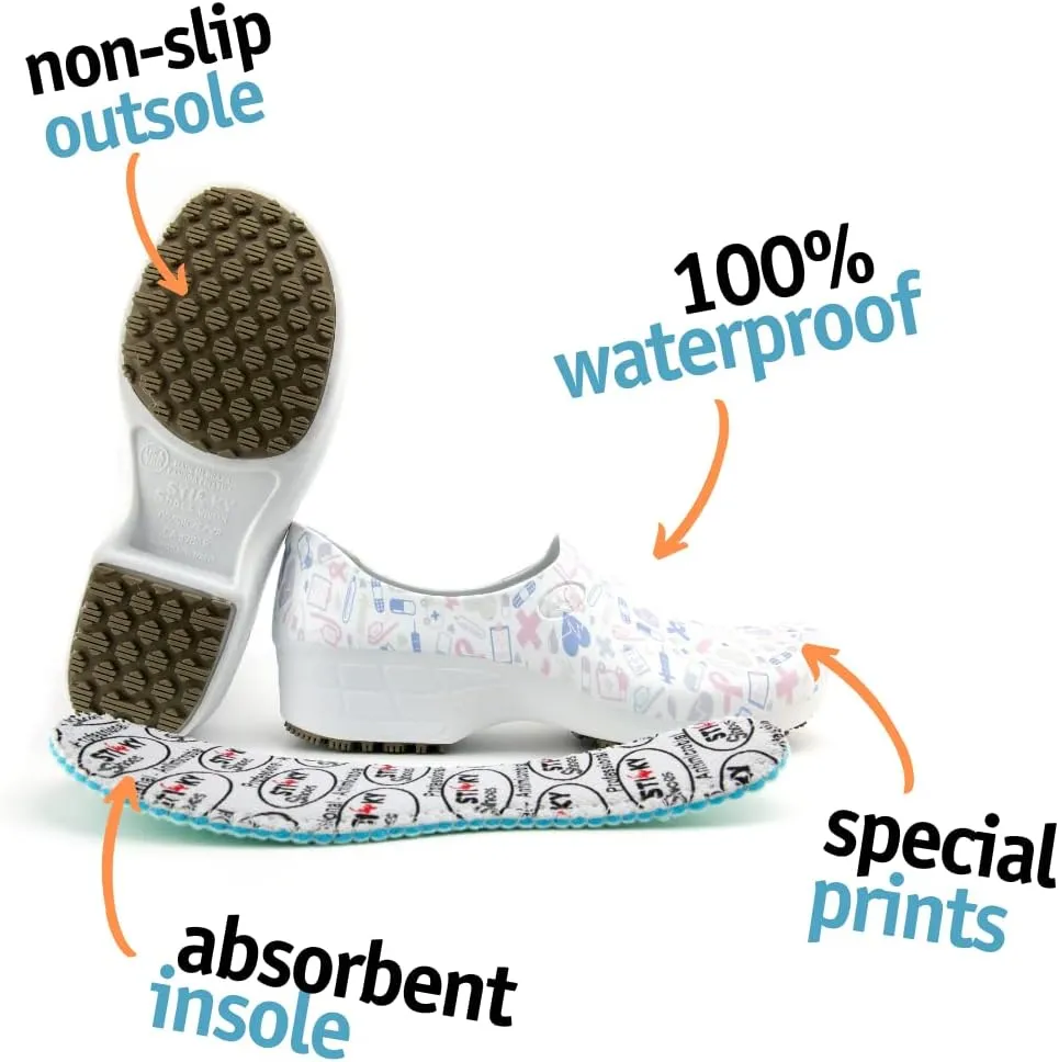 Sticky Printed Colorful Nursing Shoes - Professional Shoes for Women - Nurses Vets CNA LPN RN - Waterproof Non Slip - Comfortable Cleanable Clogs - White