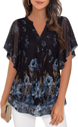 Timeson Women's Short Sleeve V Neck Blouses Shirts Floral Double Layers Mesh Tunics Tops