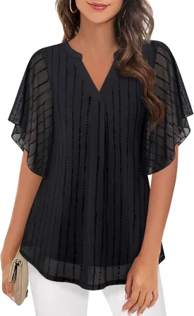 Timeson Women's Short Sleeve V Neck Blouses Shirts Floral Double Layers Mesh Tunics Tops