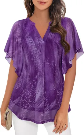 Timeson Women's Short Sleeve V Neck Blouses Shirts Floral Double Layers Mesh Tunics Tops