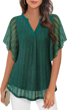 Timeson Women's Short Sleeve V Neck Blouses Shirts Floral Double Layers Mesh Tunics Tops