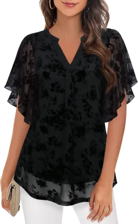 Timeson Women's Short Sleeve V Neck Blouses Shirts Floral Double Layers Mesh Tunics Tops